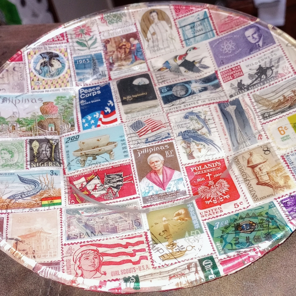 Vintage Handmade Plate with Vintage World and USA stamps.